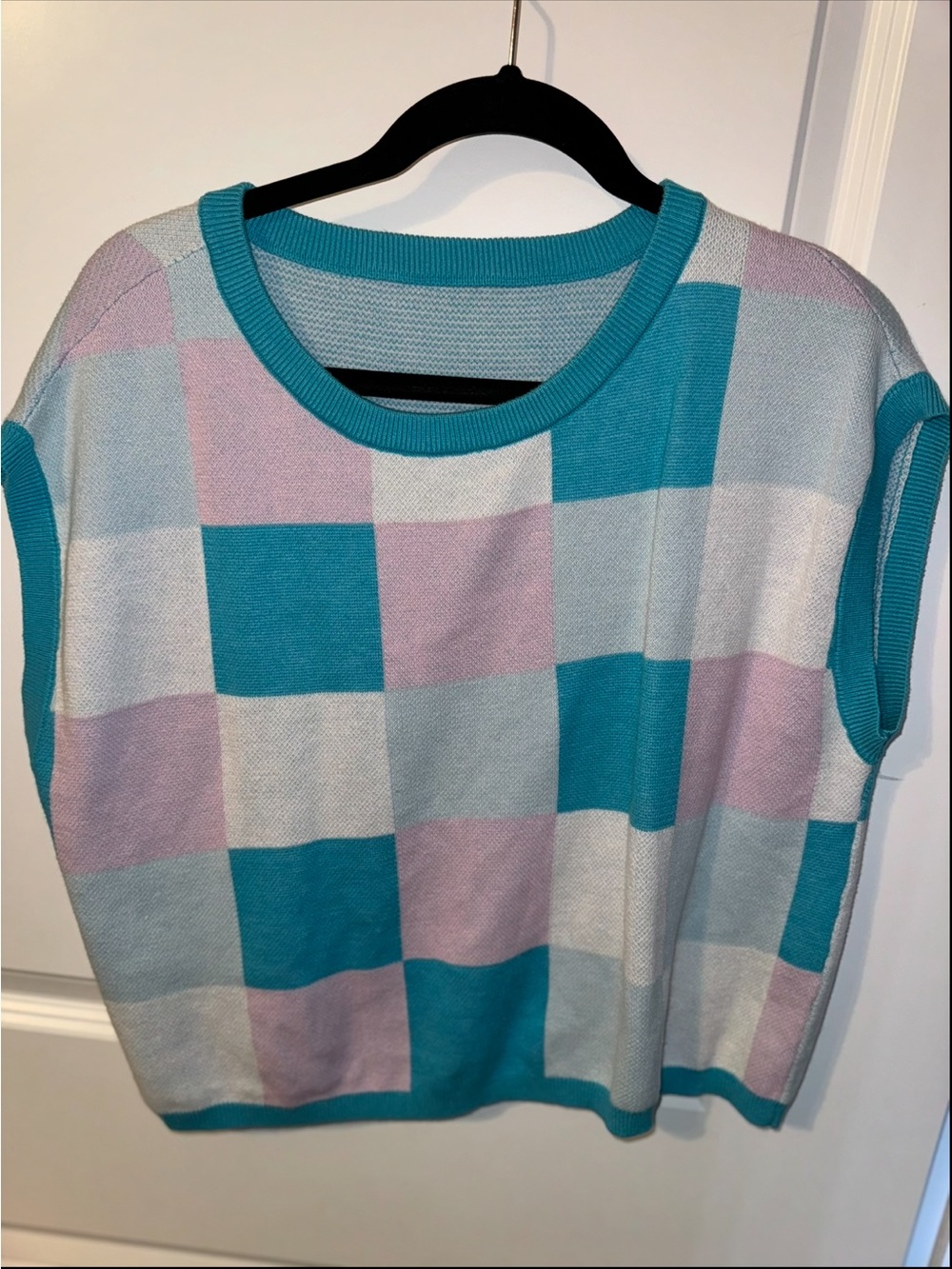 Women’s Checker Knit Shell Top in Teal, Pink & Cream